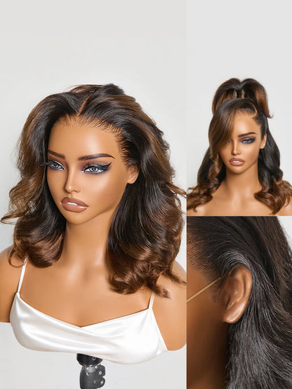 Luvme Hair NatureMAX™ 13x6 HD lace front wig with loose wave style, ombre brown to natural black, shoulder length and flexible drawstring cap