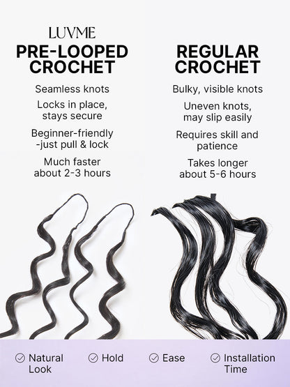 Luvme Hair Miracle Knots Burmese Curly Crochet Hair for boho braids, twists, or Fulani styles with full, soft, pre-looped human hair extensions.