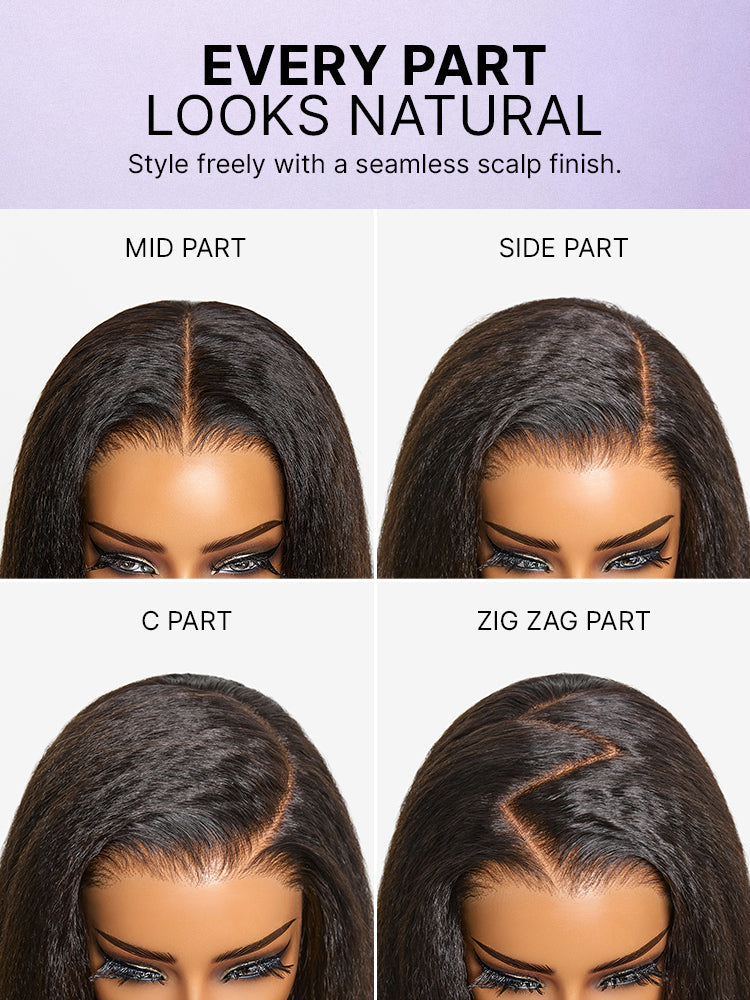 Luvme Hair kinky straight layered lace wig with 7x6 HD lace closure, glueless design, 180% density, butterfly cut style.