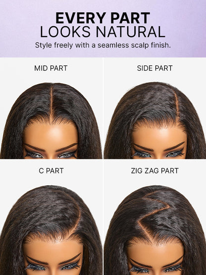Luvme Hair kinky straight layered lace wig with 7x6 HD lace closure, glueless design, 180% density, butterfly cut style.