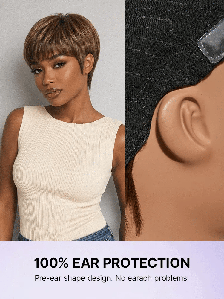 Light blonde short cut wig with bangs from Luvme Hair featuring a skin-like soft feel and ultra comfort, glueless style.