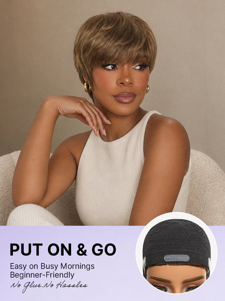 Light blonde short wig with bangs from Luvme Hair, skin-like soft, glueless, comfortable, perfect for quick stylish looks.