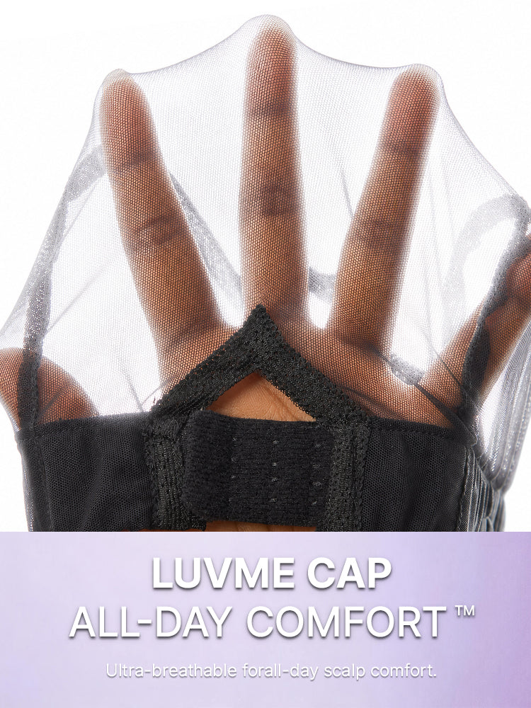 Luvme All-Day Comfort™ Funmi Curly 7x6 closure lace wig with brown highlights, glueless HD lace, pre-cut, showcasing curly hair texture.