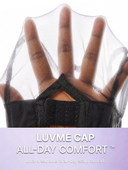 Luvme All-Day Comfort™ Funmi Curly 7x6 closure lace wig with brown highlights, glueless HD lace, pre-cut, showcasing curly hair texture.