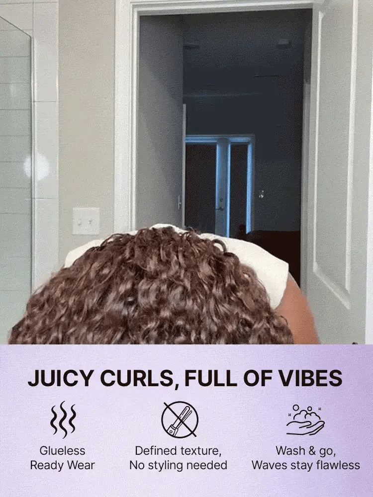 Luvme All-Day Comfort curly 7x6 closure lace wig with brown highlights, pre-cut lace, HD lace, and glueless design on a model's head