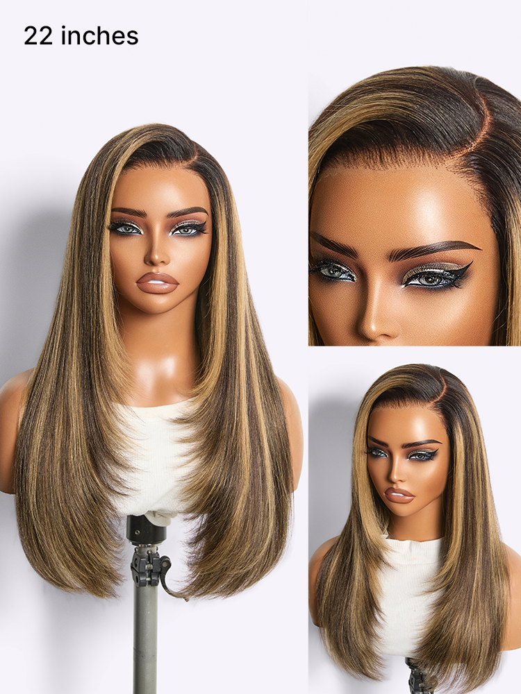 Luvme All-Day Comfort Blonde Highlight Yaki Straight Lace Wig with 7x6 HD Closure and layered butterfly cut style.
