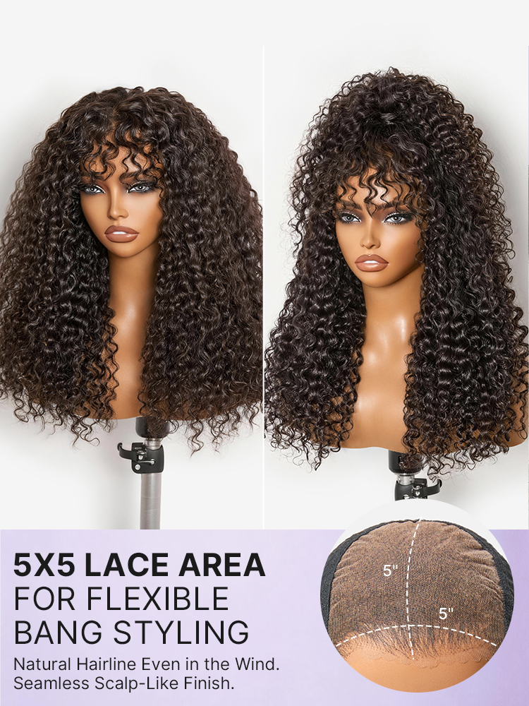 Luvme Hair kinky curly 200% density glueless lace wig with bangs, pre-cut 5x5 closure, fits all head sizes