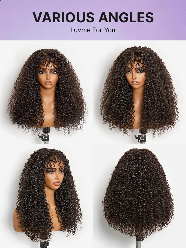 Luvme Hair beginner-friendly 200% density kinky curly lace wig with bangs, glueless 5x5 closure, all head sizes fit cap