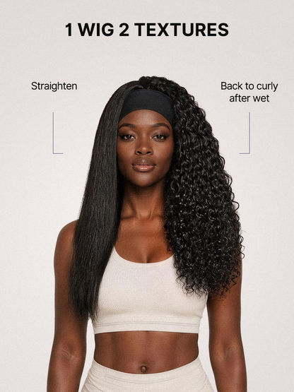 Luvme Hair water-wave headband wig with cooling silk headband, showing wet-to-dry transformation and two free headbands.