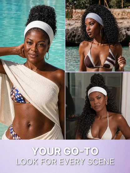 Luvme Hair water-wave headband wig with cooling silk headband, effortless wet-to-dry transformation, includes 2 free headbands.