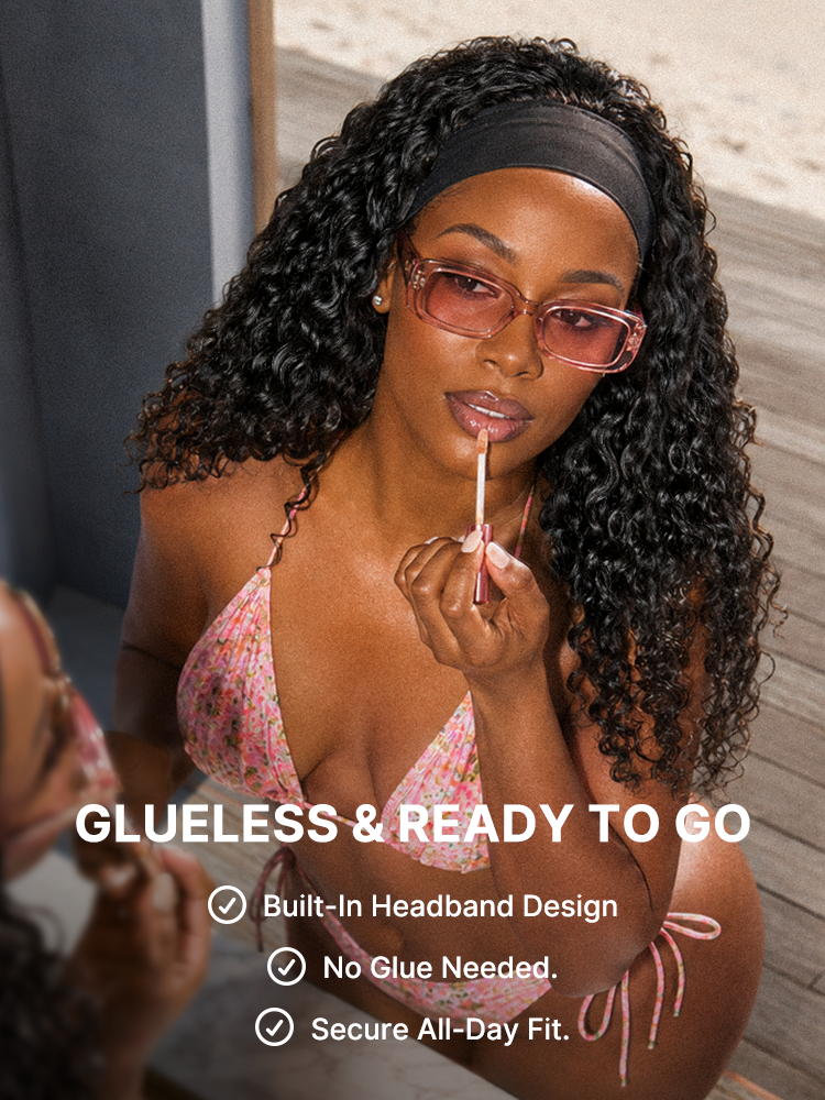 Luvme Hair water-wave headband wig with cooling silk headband, showcasing wet-to-dry transformation and two free headbands.