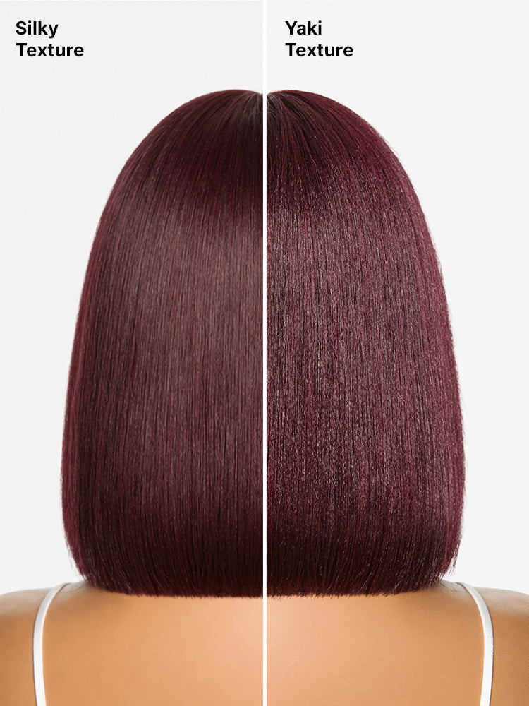 Luvme layered cut Yaki straight lace bob wig with bangs in reddish purple, featuring a minimalist design and comfortable cap.
