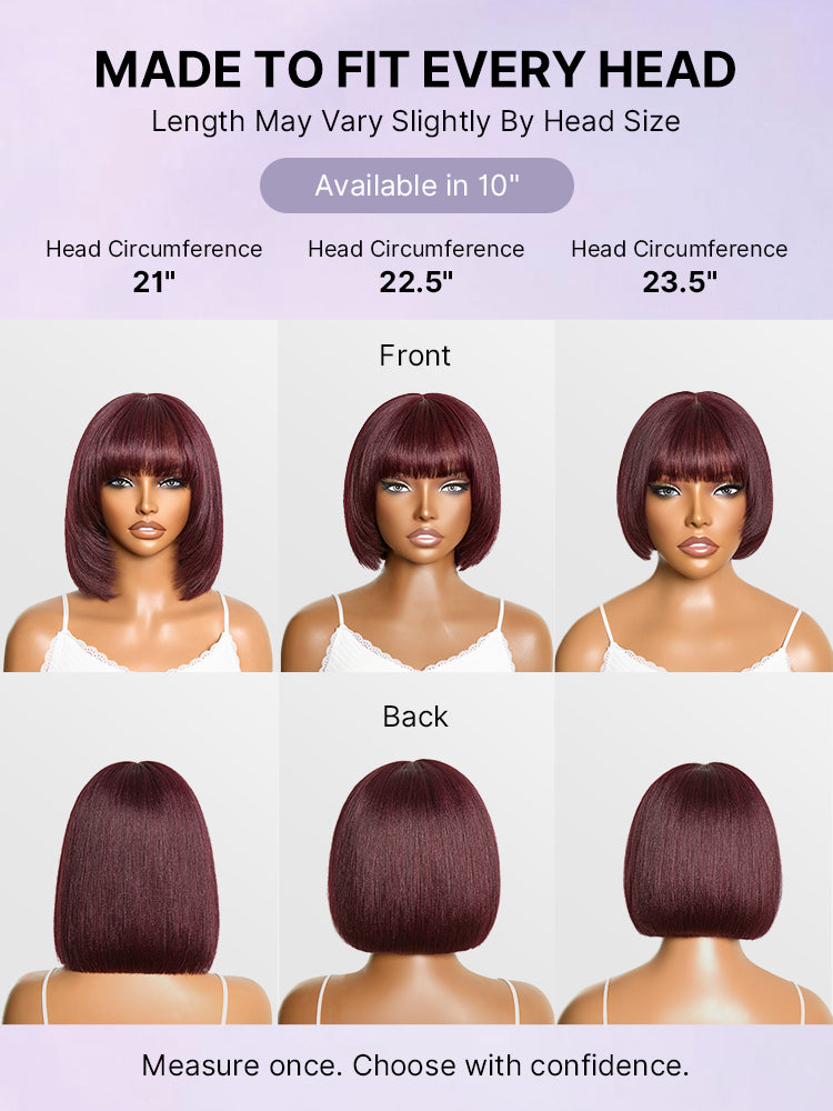 Put On and Go Reddish Purple Layered Cut Yaki Straight Minimalist Lace Bob Wig with Bangs All-Day Comfort Cap-22