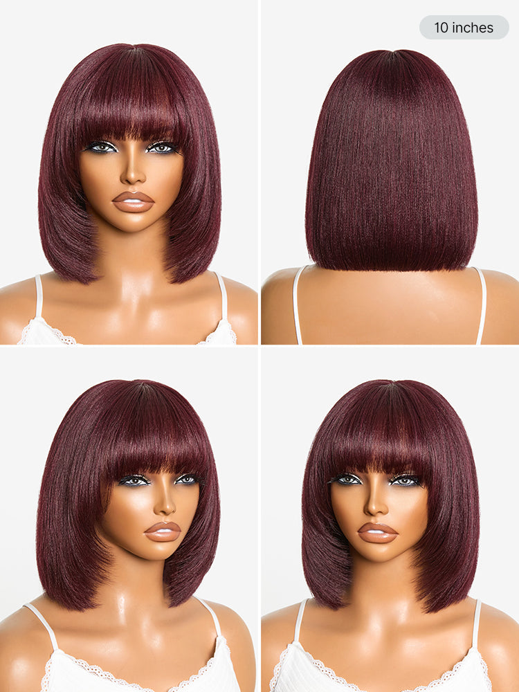 Put On and Go Reddish Purple Layered Cut Yaki Straight Minimalist Lace Bob Wig with Bangs All-Day Comfort Cap-19