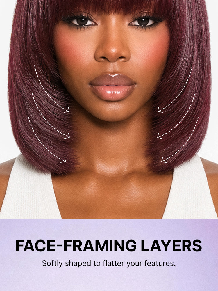 Reddish purple layered cut Yaki straight lace bob wig with bangs and comfort cap, styled for a minimalist, all-day wear look.