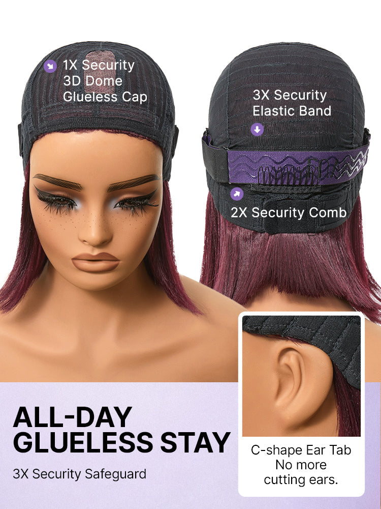 Put On and Go Reddish Purple Layered Cut Yaki Straight Minimalist Lace Bob Wig with Bangs All-Day Comfort Cap-20