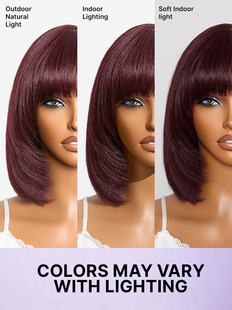 Put On and Go Reddish Purple Layered Cut Yaki Straight Minimalist Lace Bob Wig with Bangs All-Day Comfort Cap-21