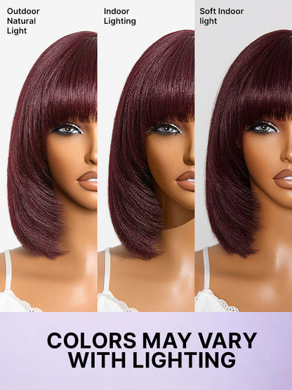 Put On and Go Reddish Purple Layered Cut Yaki Straight Minimalist Lace Bob Wig with Bangs All-Day Comfort Cap-21