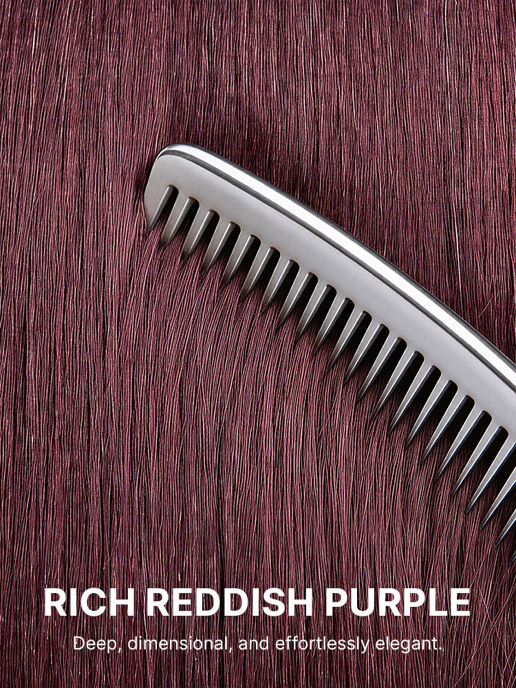 Luvme layered cut Yaki straight lace bob wig with bangs in reddish purple, featuring a minimalist style and comfort cap.