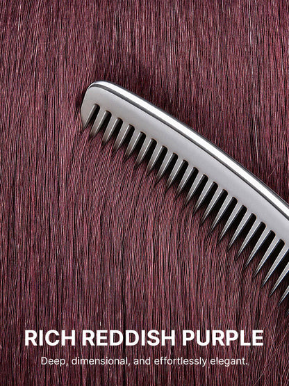 Luvme layered cut Yaki straight lace bob wig with bangs in reddish purple, featuring a minimalist style and comfort cap.