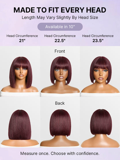 Reddish Purple Realistic Glueless Yaki Straight Bob with Bangs Minimalist Lace Bob Wig All-Day Comfort Cap-27