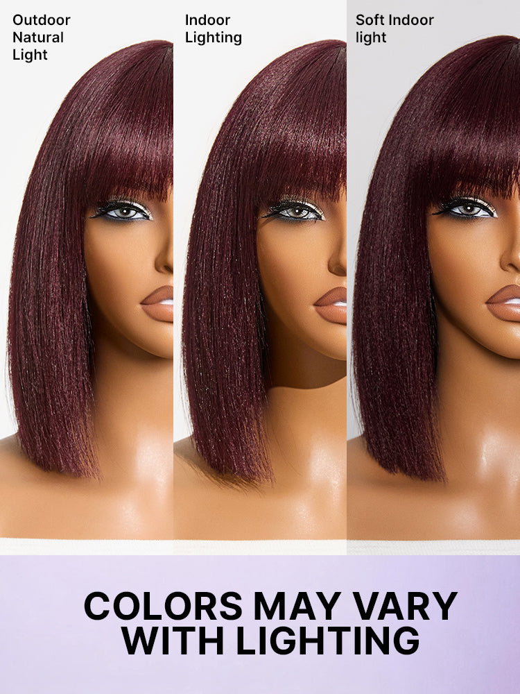 Reddish Purple Realistic Glueless Yaki Straight Bob with Bangs Minimalist Lace Bob Wig All-Day Comfort Cap-26