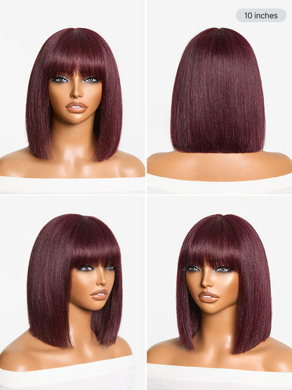 Reddish Purple Realistic Glueless Yaki Straight Bob with Bangs Minimalist Lace Bob Wig All-Day Comfort Cap-24