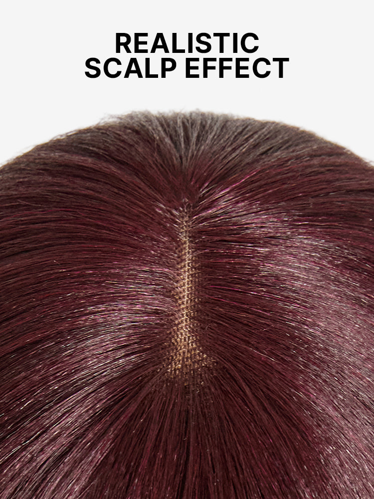 Luvme reddish purple real-looking glueless Yaki straight bob wig with bangs, minimalist lace cap for all-day comfort