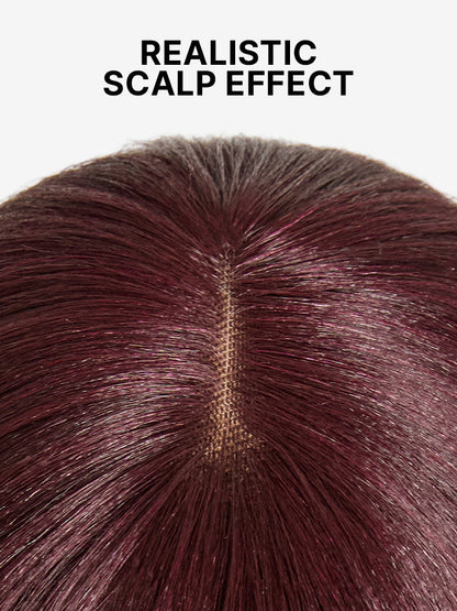 Luvme reddish purple real-looking glueless Yaki straight bob wig with bangs, minimalist lace cap for all-day comfort