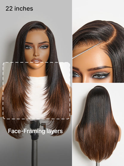 Luvme All-Day Comfort™ wig featuring ombre brown, layered straight human hair with 7x6 HD lace closure and butterfly cut style.