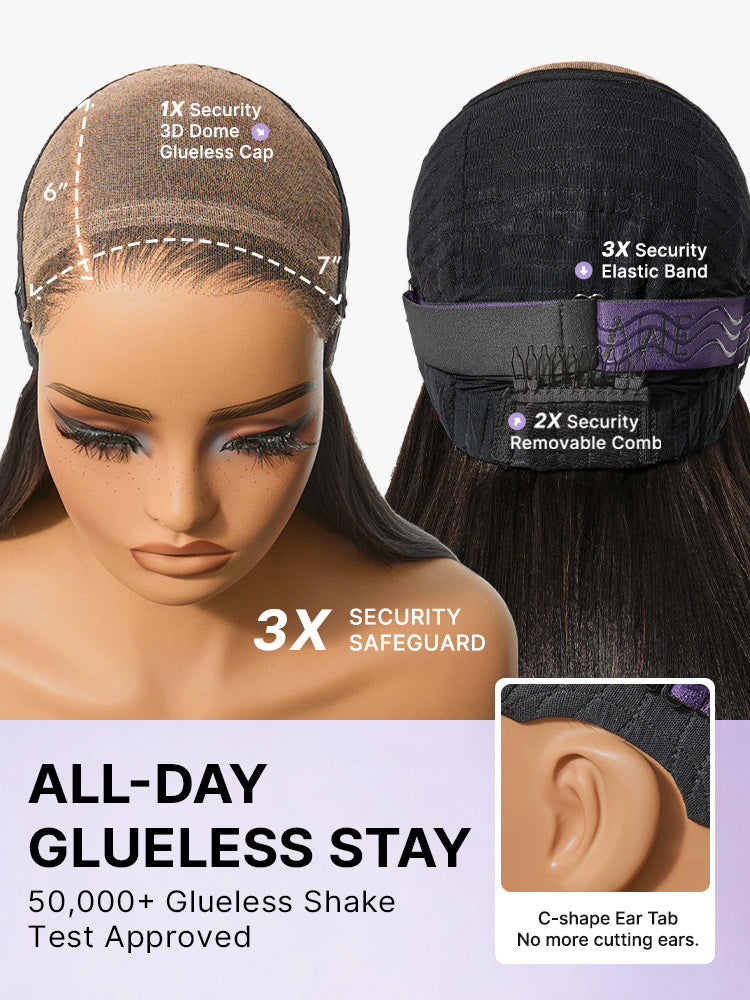 Luvme All-Day Comfort™ ombre brown layered Yaki straight lace human hair wig with butterfly cut, 180% density, 7x6 HD lace closure