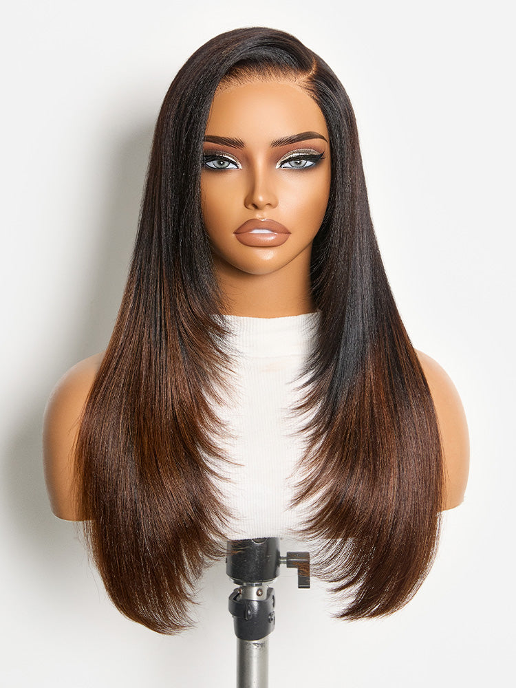 Luvme All-Day Comfort™ wig with ombre brown layered light yaki straight hair, butterfly cut, 7x6 HD lace closure, glueless design