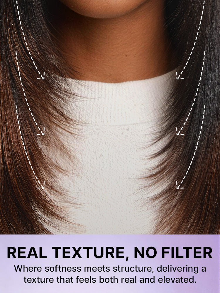 Luvme All-Day Comfort™ ombre brown layered human hair wig with butterfly cut, straight Yaki texture, 7x6 HD lace closure.