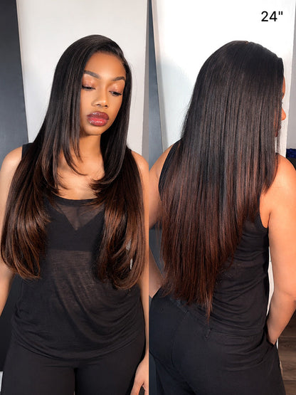 Luvme All-Day Comfort™ ombre brown layered straight human hair wig with butterfly cut, 7x6 lace closure, HD lace, pre-cut, glueless