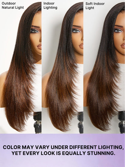 Luvme All-Day Comfort™ ombre brown layered Yaki straight human hair wig with butterfly cut, 7x6 HD lace closure, glueless style