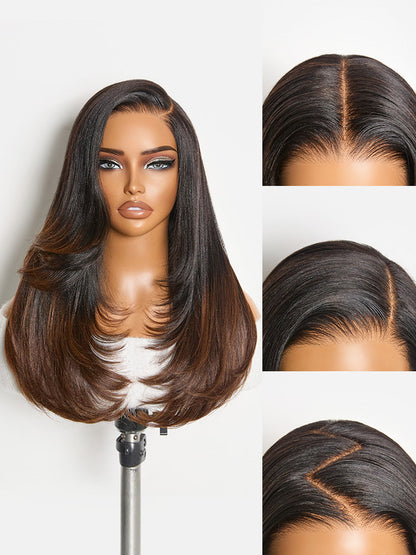Luvme All-Day Comfort™ wig with ombre brown light yaki straight hair, butterfly cut layered style, 7x6 HD lace closure.