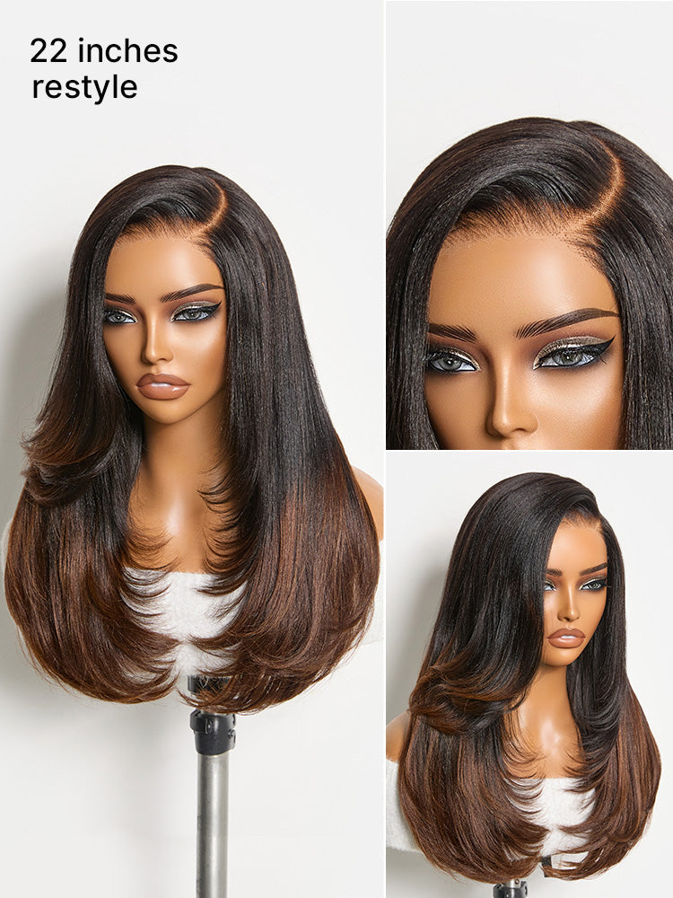 Luvme All-Day Comfort™ wig with ombre brown layered light yaki straight hair, butterfly cut, 7x6 HD lace closure, glueless style