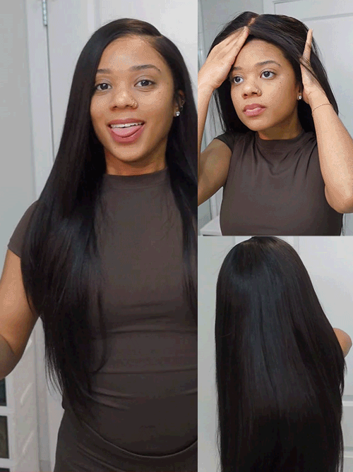 Luvme Hair All-Day Comfort™ wig with 180% density, layered light Yaki straight human hair, glueless 7x6 HD lace closure.