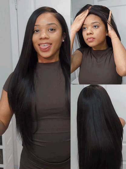 Luvme Hair All-Day Comfort™ wig with 180% density, layered light Yaki straight human hair, glueless 7x6 HD lace closure.