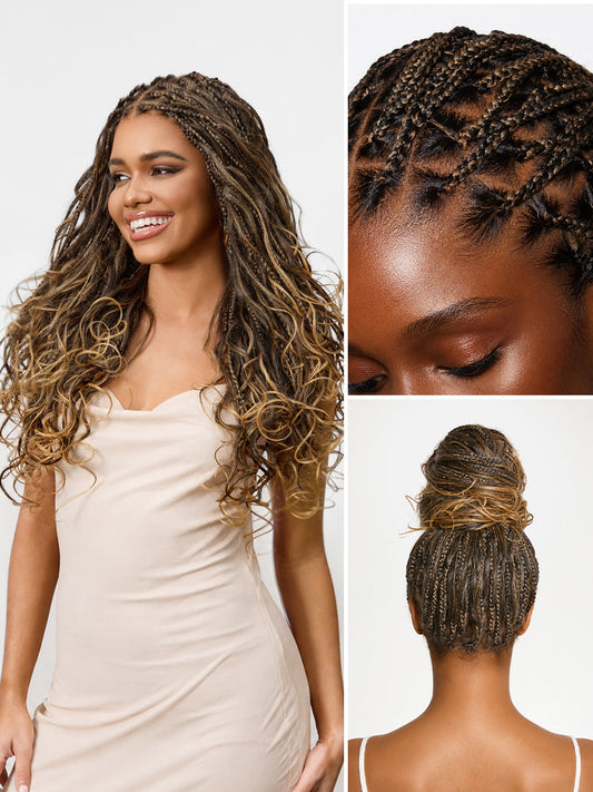 Luvme Hair OwnScalp Ombre Honey Blonde French Curl Knotless Boho Braids full lace wig with flexi fit and drawstring cap