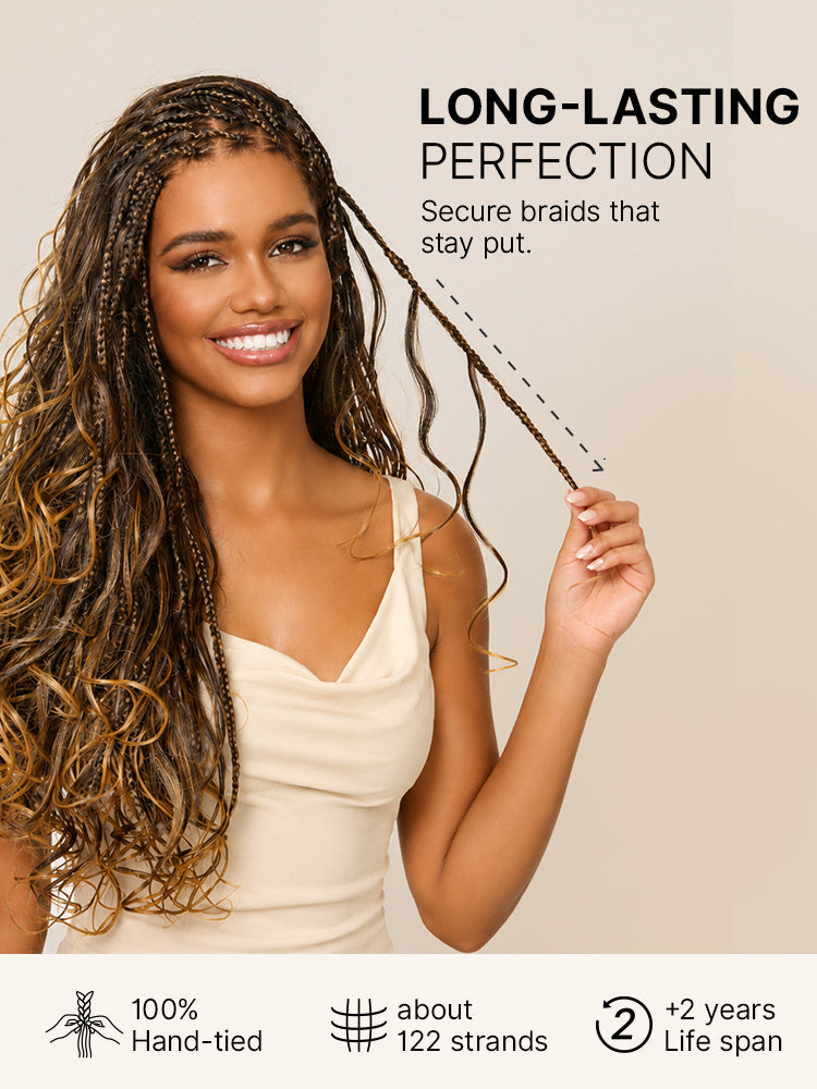 Luvme Hair OwnScalp Ombre Honey Blonde French Curl Knotless Boho Braids, full lace long wig with flexible fit and drawstring cap