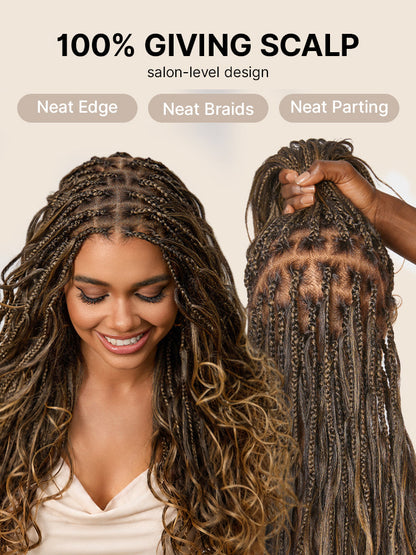Luvme Hair OwnScalp™ Ombre Honey Blonde French Curl Knotless Boho Braid Wig with full lace, long length, and flexible drawstring cap