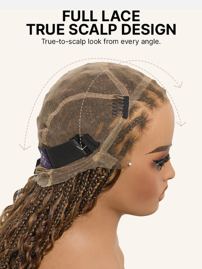 Luvme Hair OwnScalp Ombre Honey Blonde French Curl Knotless Boho Braid Wig with full lace, long length, and flexible drawstring cap.