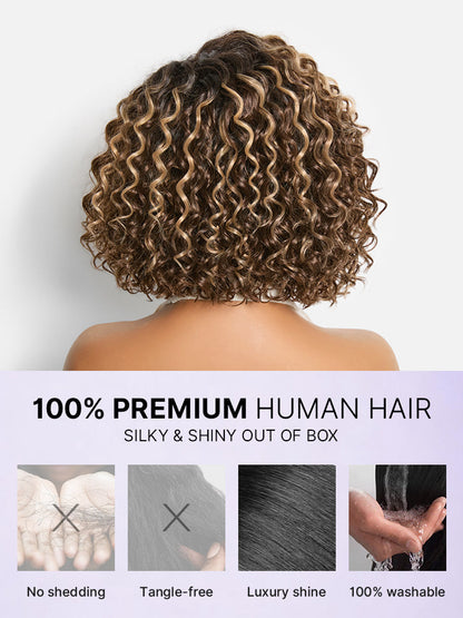 Luvme Hair blonde ombre water wave bob wig with natural black roots, short curly style, glueless HD lace, pre-cut for easy wear