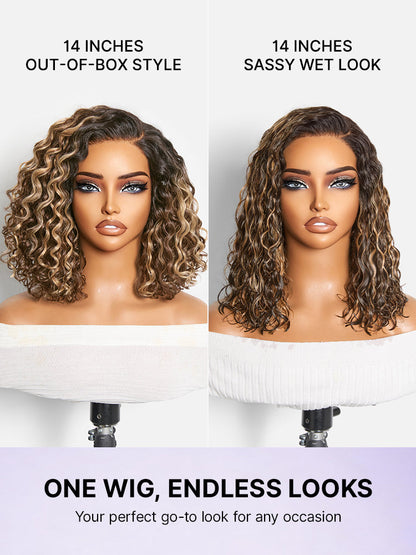 Luvme Hair blonde highlight and natural black ombre water wave short curly bob wig with HD lace and pre-cut lace, glueless style