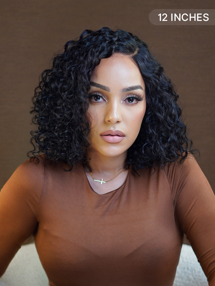 Ready to Go Blonde Highlight / Natural Black / Ombre Brown Water Wave Short Curly Bob Wig Glueless Minimalist HD Lace Wig Pre-Cut Lace-81