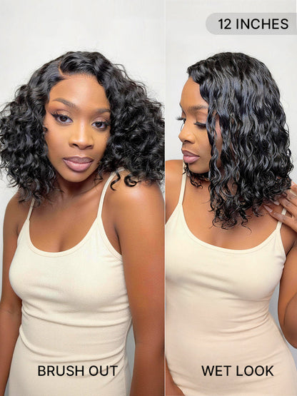 Ready to Go Blonde Highlight / Natural Black / Ombre Brown Water Wave Short Curly Bob Wig Glueless Minimalist HD Lace Wig Pre-Cut Lace-83