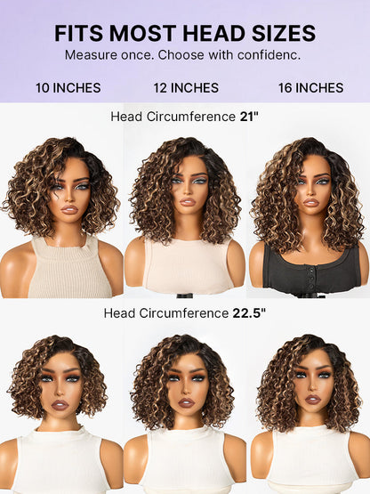 Ready to Go Blonde Highlight / Natural Black / Ombre Brown Water Wave Short Curly Bob Wig Glueless Minimalist HD Lace Wig Pre-Cut Lace-84