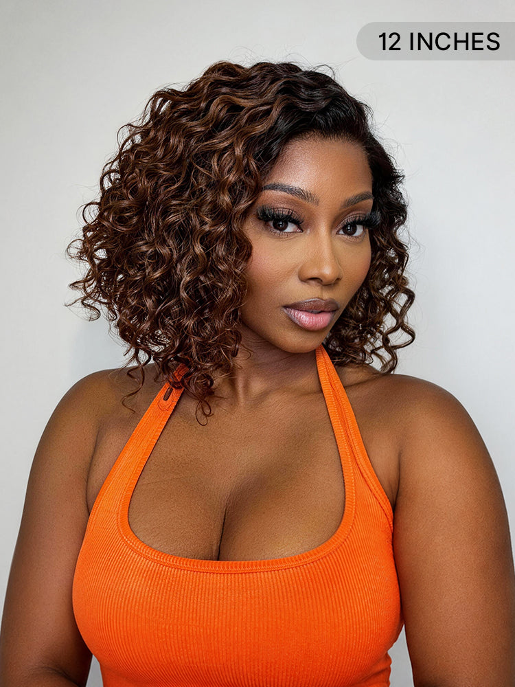 Ready to Go Blonde Highlight / Natural Black / Ombre Brown Water Wave Short Curly Bob Wig Glueless Minimalist HD Lace Wig Pre-Cut Lace-86