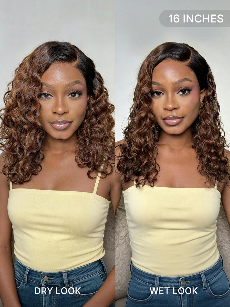 Ready to Go Blonde Highlight / Natural Black / Ombre Brown Water Wave Short Curly Bob Wig Glueless Minimalist HD Lace Wig Pre-Cut Lace-88